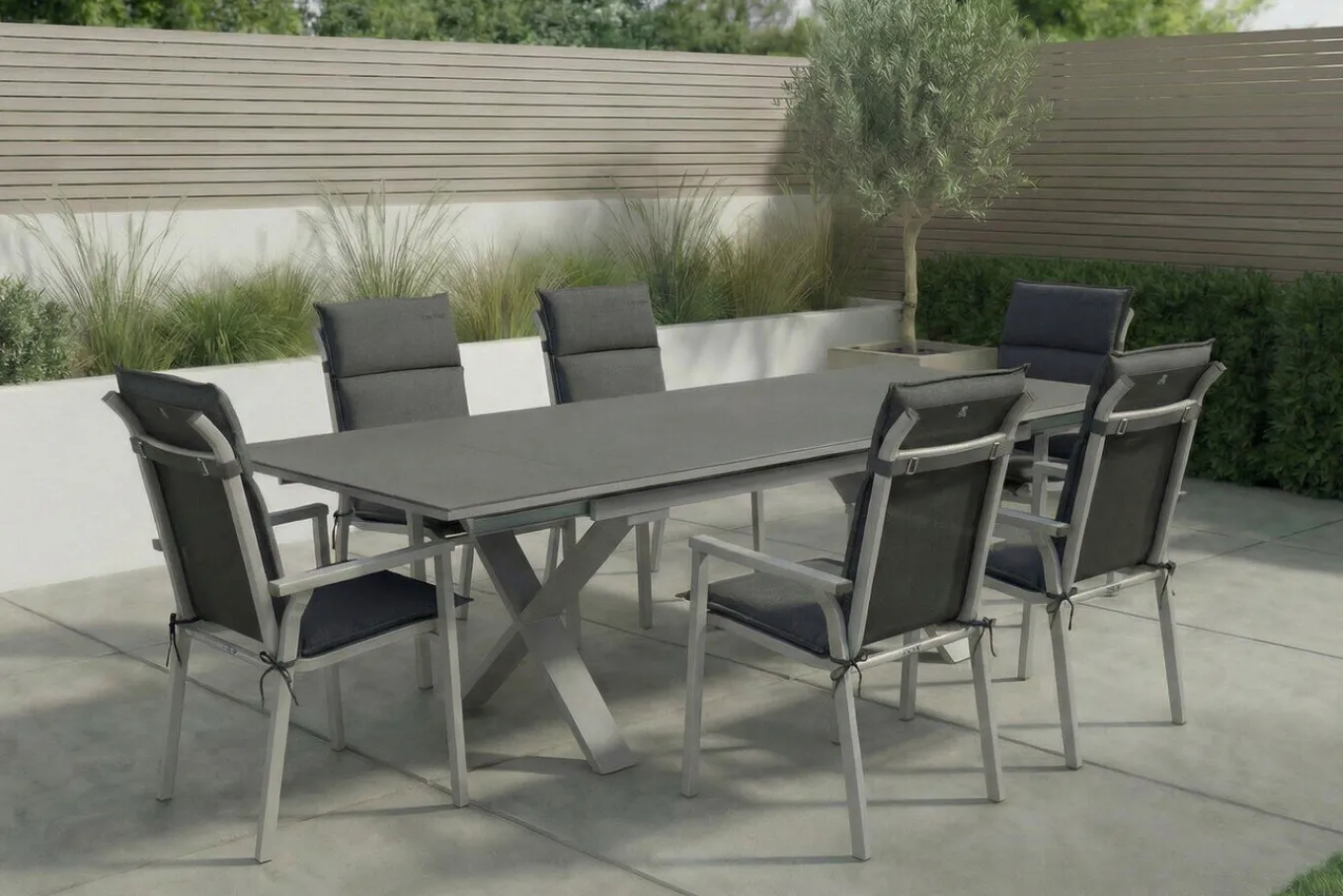 Sale BasicPlus Pro Garten-Essgruppe, silber/anthrazit, Alu/Polyester/Spraystone, 180/280 x 100 cm, 6 Stapelsessel, inkl. Auflagen Garten-Essgruppen|Aluminium-Gartenmöbel