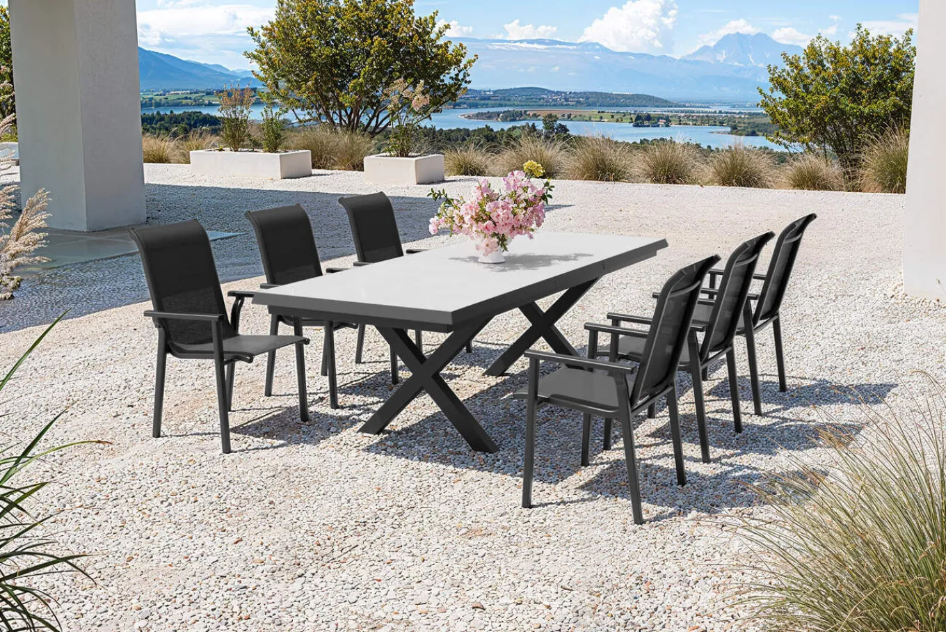 Sale BasicPlus Pro Garten-Essgruppe, anthrazit/schwarz, Alu/Textilene/Steinimitat, 200/260 x 100 cm, 6 Stapelstühle Garten-Essgruppen