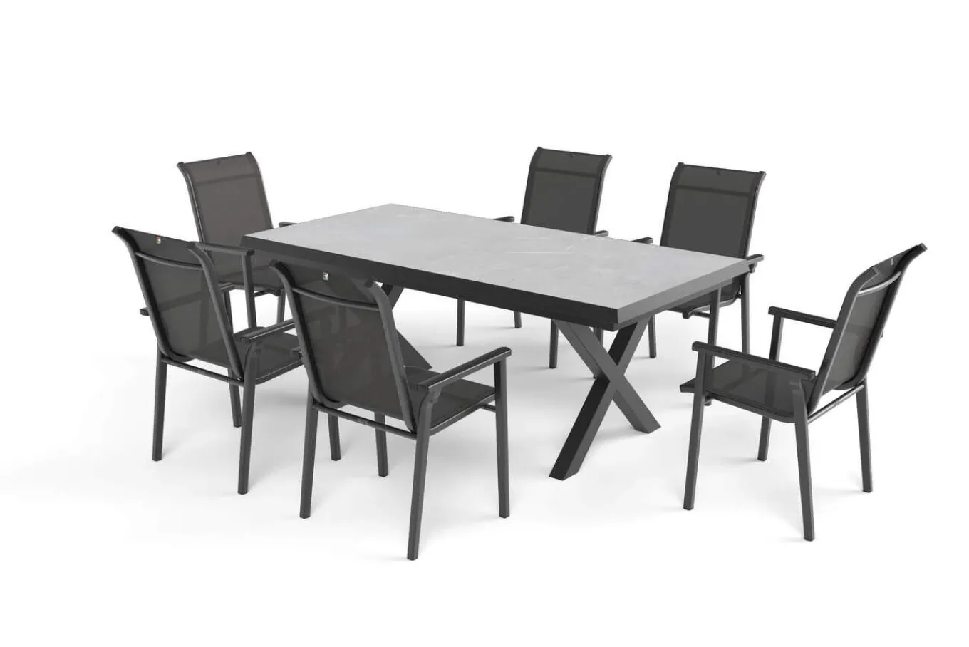 Sale BasicPlus Pro Garten-Essgruppe, anthrazit/schwarz, Alu/Textilene/Steinimitat, 200/260 x 100 cm, 6 Stapelstühle Garten-Essgruppen