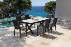 Sale BasicPlus Pro Garten-Essgruppe, anthrazit/schwarz, Alu/Textilene/Steinimitat, 200/260 x 100 cm, 6 Stapelstühle Garten-Essgruppen