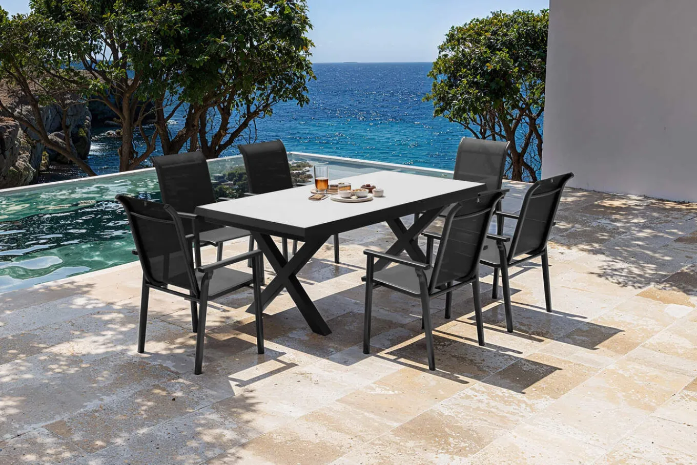 Sale BasicPlus Pro Garten-Essgruppe, anthrazit/schwarz, Alu/Textilene/Steinimitat, 200/260 x 100 cm, 6 Stapelstühle Garten-Essgruppen
