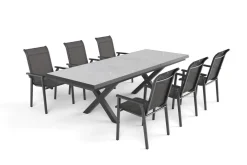 Sale BasicPlus Pro Garten-Essgruppe, anthrazit/schwarz, Alu/Textilene/Steinimitat, 200/260 x 100 cm, 6 Stapelstühle Garten-Essgruppen