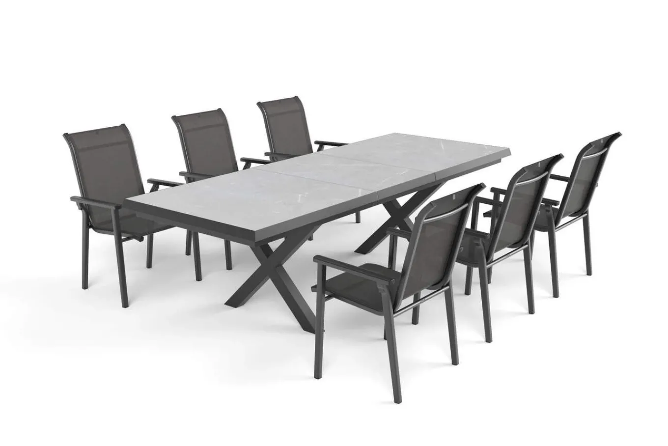 Sale BasicPlus Pro Garten-Essgruppe, anthrazit/schwarz, Alu/Textilene/Steinimitat, 200/260 x 100 cm, 6 Stapelstühle Garten-Essgruppen