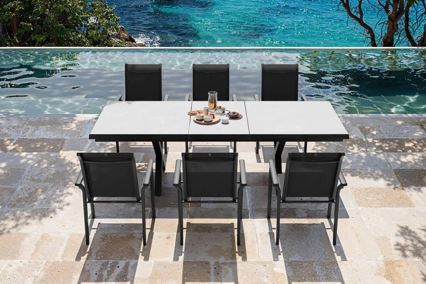 Sale BasicPlus Pro Garten-Essgruppe, anthrazit/schwarz, Alu/Textilene/Steinimitat, 200/260 x 100 cm, 6 Stapelstühle Garten-Essgruppen