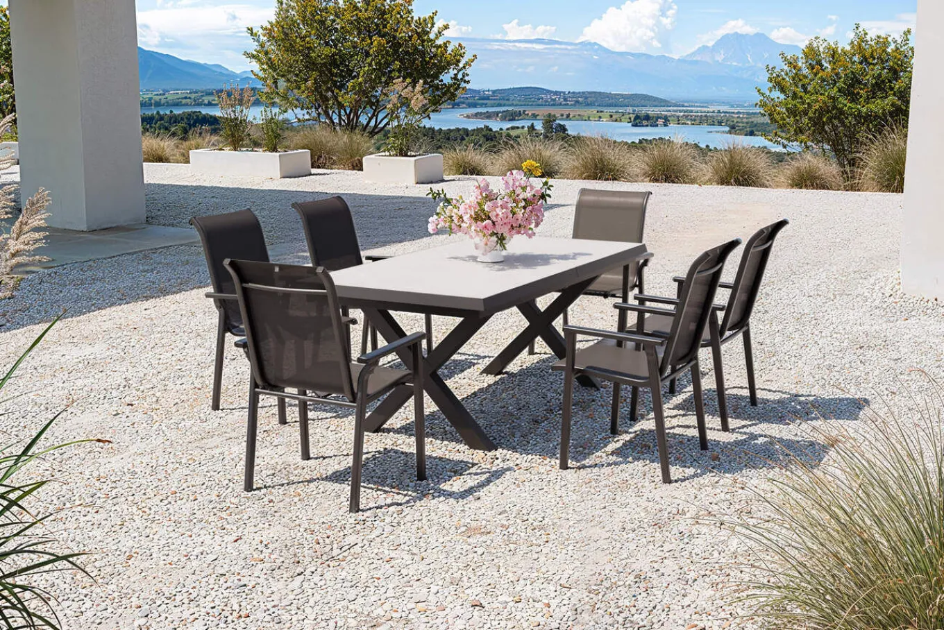 Sale BasicPlus Pro Garten-Essgruppe, anthrazit/schwarz, Alu/Textilene/Steinimitat, 200/260 x 100 cm, 6 Stapelstühle Garten-Essgruppen
