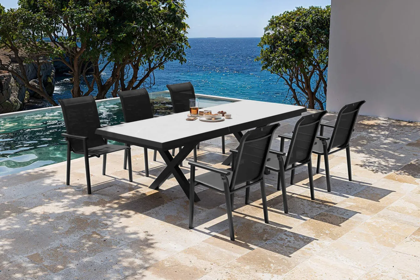 Sale BasicPlus Pro Garten-Essgruppe, anthrazit/schwarz, Alu/Textilene/Steinimitat, 200/260 x 100 cm, 6 Stapelstühle Garten-Essgruppen