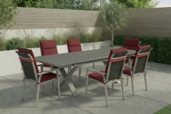 Discount BasicPlus Pro Garten-Essgruppe, silber/bordeaux, Alu/Spraystone/Polyester, 180/280 x 100 cm, 6 Stapelsessel, Polster inklusive Garten-Essgruppen|Aluminium-Gartenmöbel