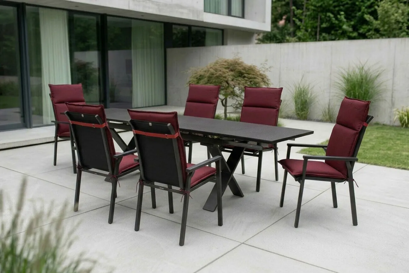 Clearance BasicPlus Pro Garten-Essgruppe, anthrazit/bordeaux, Alu/Polyester/Spraystone, 180/280 x 100 cm, 6 Stapelsessel, Polster inklusive Garten-Essgruppen|Aluminium-Gartenmöbel
