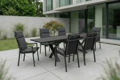 Online BasicPlus Pro Garten-Essgruppe, anthrazit, Aluminium/Spraystone/Polyester, 180/280 x 100 cm, 6 Stapelsessel, inkl. Auflagen Garten-Essgruppen|Aluminium-Gartenmöbel