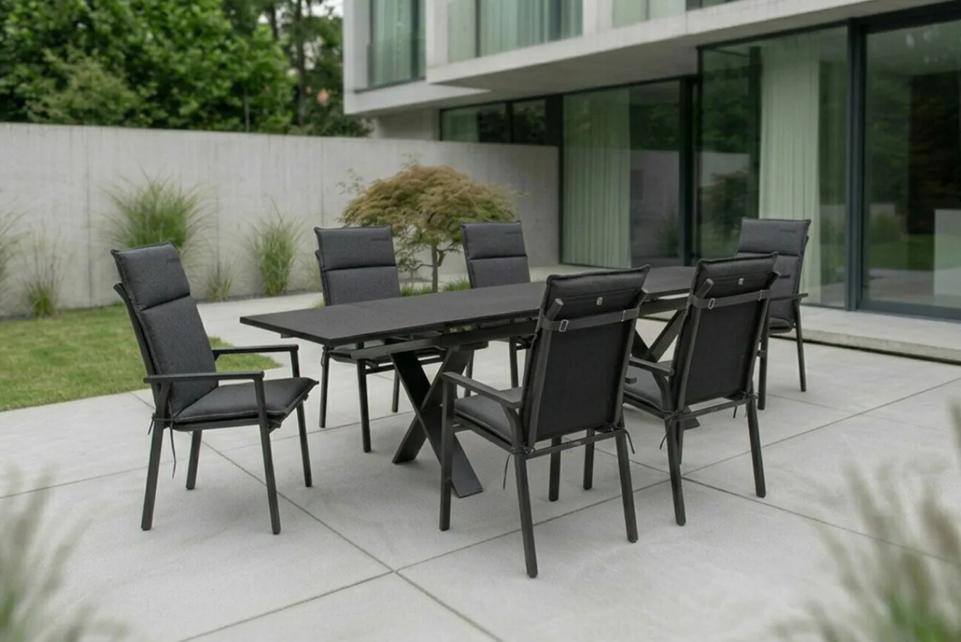 Online BasicPlus Pro Garten-Essgruppe, anthrazit, Aluminium/Spraystone/Polyester, 180/280 x 100 cm, 6 Stapelsessel, inkl. Auflagen Garten-Essgruppen|Aluminium-Gartenmöbel
