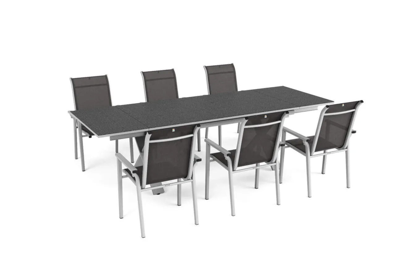 Best BasicPlus Pro Garten-Essgruppe, silber/anthrazit, Alu/Textilene, ausziehbarer Tisch 180/280 x 100 cm, 6 Stapelsessel Garten-Essgruppen