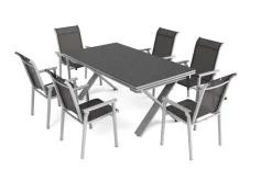 Best BasicPlus Pro Garten-Essgruppe, silber/anthrazit, Alu/Textilene, ausziehbarer Tisch 180/280 x 100 cm, 6 Stapelsessel Garten-Essgruppen