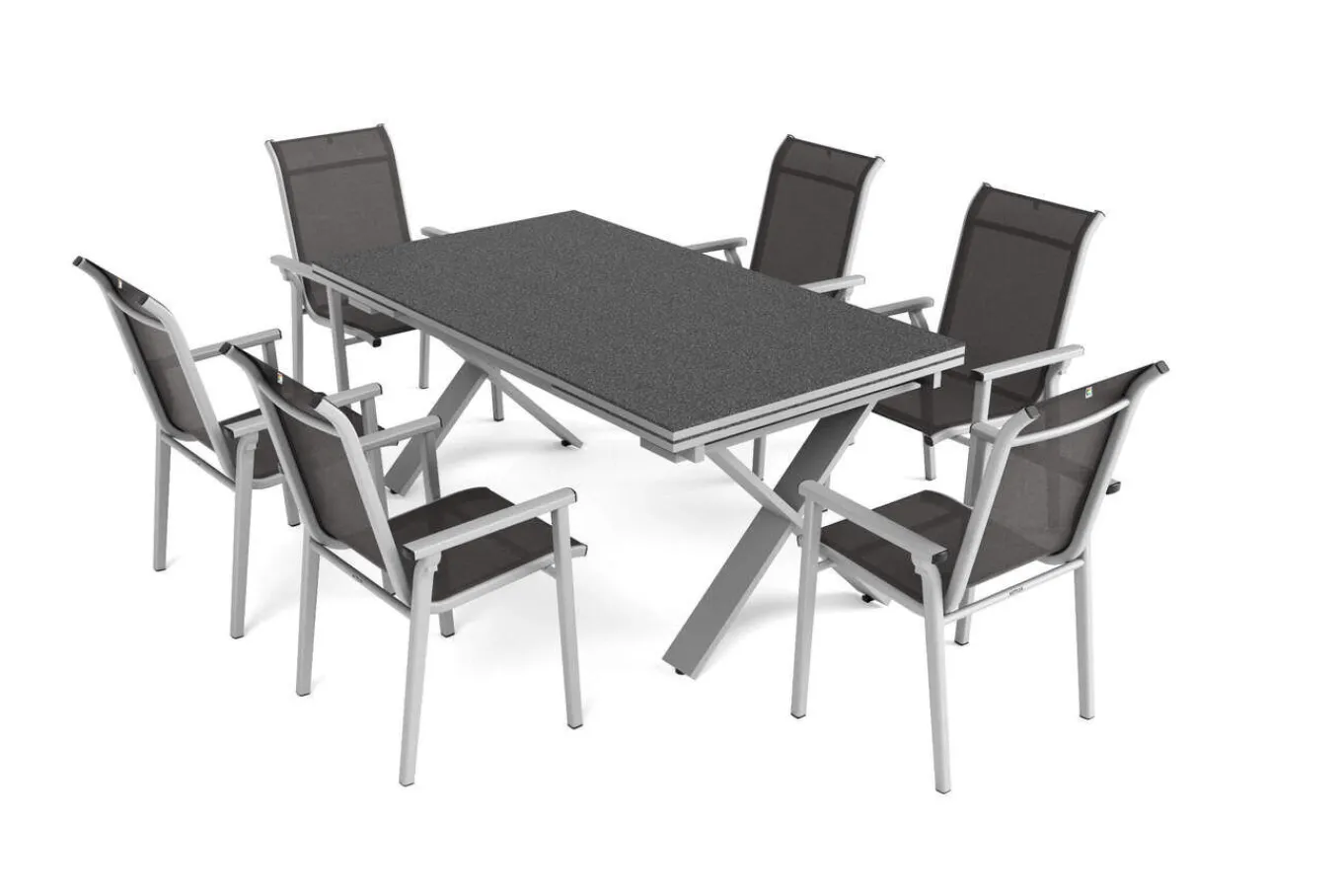 Best BasicPlus Pro Garten-Essgruppe, silber/anthrazit, Alu/Textilene, ausziehbarer Tisch 180/280 x 100 cm, 6 Stapelsessel Garten-Essgruppen