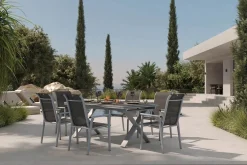 Best BasicPlus Pro Garten-Essgruppe, silber/anthrazit, Alu/Textilene, ausziehbarer Tisch 180/280 x 100 cm, 6 Stapelsessel Garten-Essgruppen