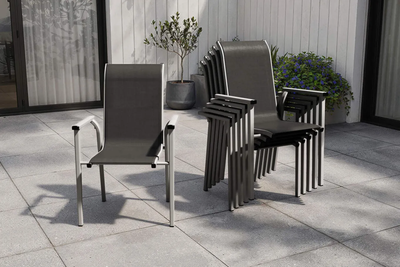 Clearance BasicPlus Pro Stapelsessel 6er-Set, silber/anthrazit, Aluminium/Textilene, 70 x 65 x 99 cm, stapelbar Aluminium-Gartenmöbel|Gartenstühle & Gartensessel