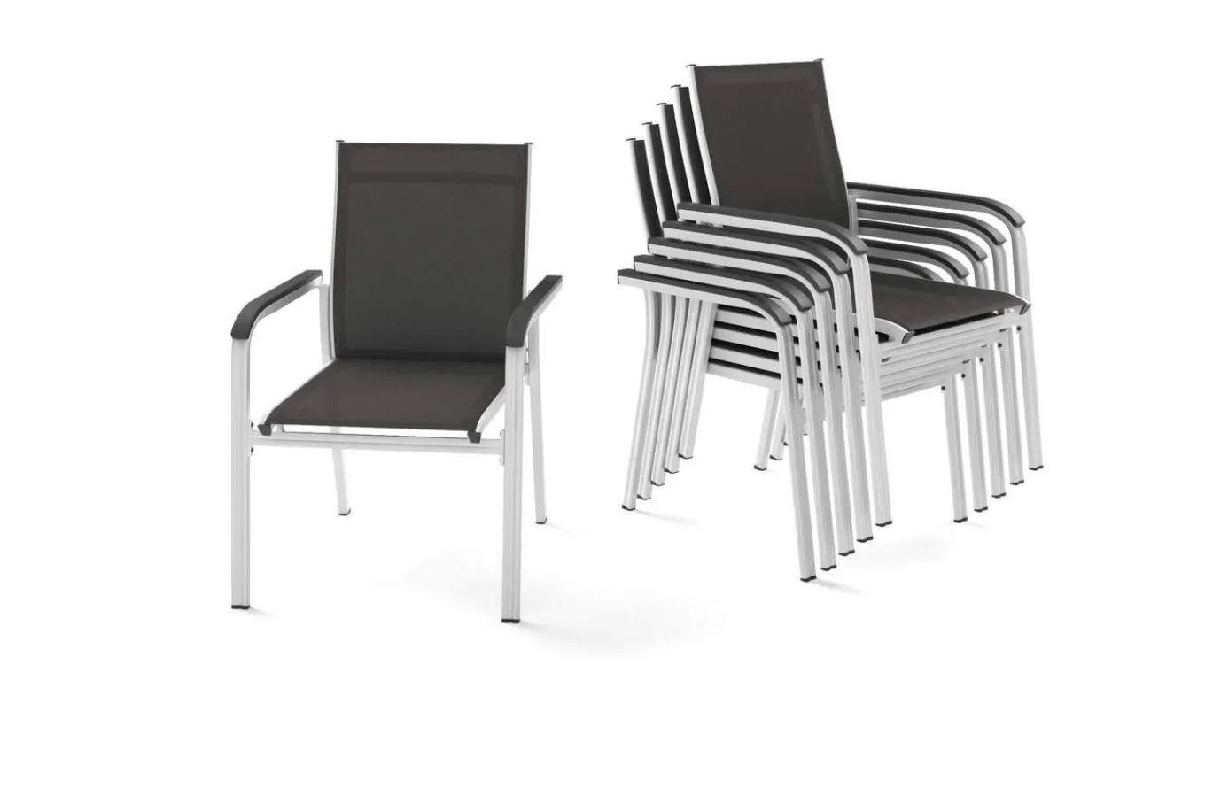 Online BasicPlus Stapelsessel, 6er-Set, Alu/Textilene, silber/anthrazit, 0301205-0000 Aluminium-Gartenmöbel|Gartenstühle & Gartensessel