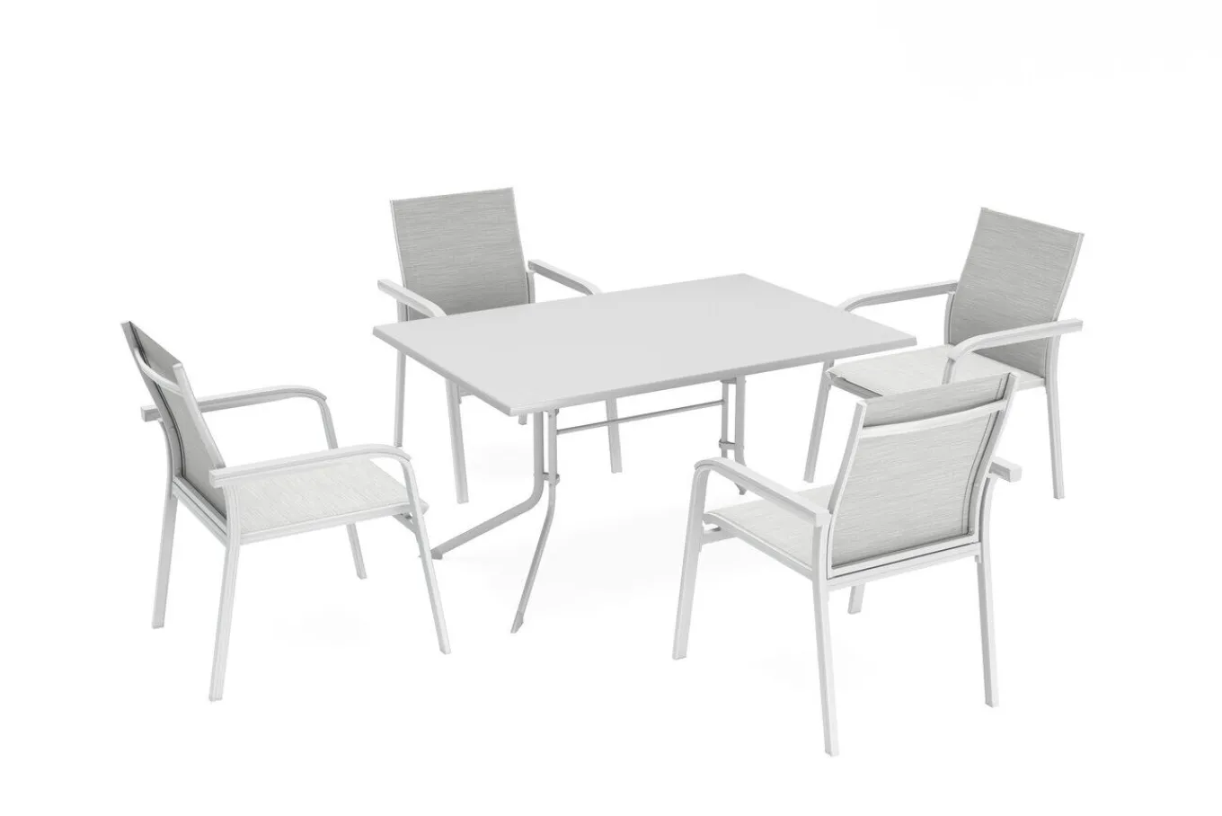 Best Boulevard/Basic Plus Gartenessgruppe, weiß/hellgrau, Aluminium, Klapptisch 140 x 95 cm, 4 Stapelsessel Aluminium-Gartenmöbel