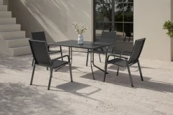 Boulevard/Basic Plus Gartenessgruppe, anthrazit, Alu/KETTALUX, Klapptisch 140 x 95 cm, 4 Stapelsessel, kratzfest, witterungsbeständig Garten-Essgruppen|Aluminium-Gartenmöbel