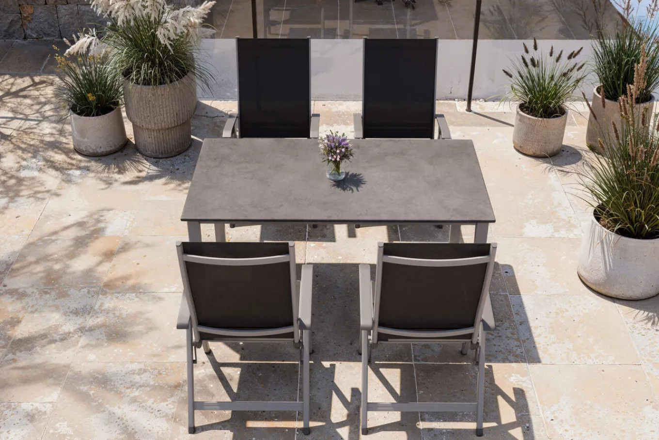 Hot Cubic/Basic Plus Garten-Essgruppe, silber/anthrazit, Alu/Textilene, Tisch 160 x 90 cm, 4 Klappstühle Garten-Essgruppen