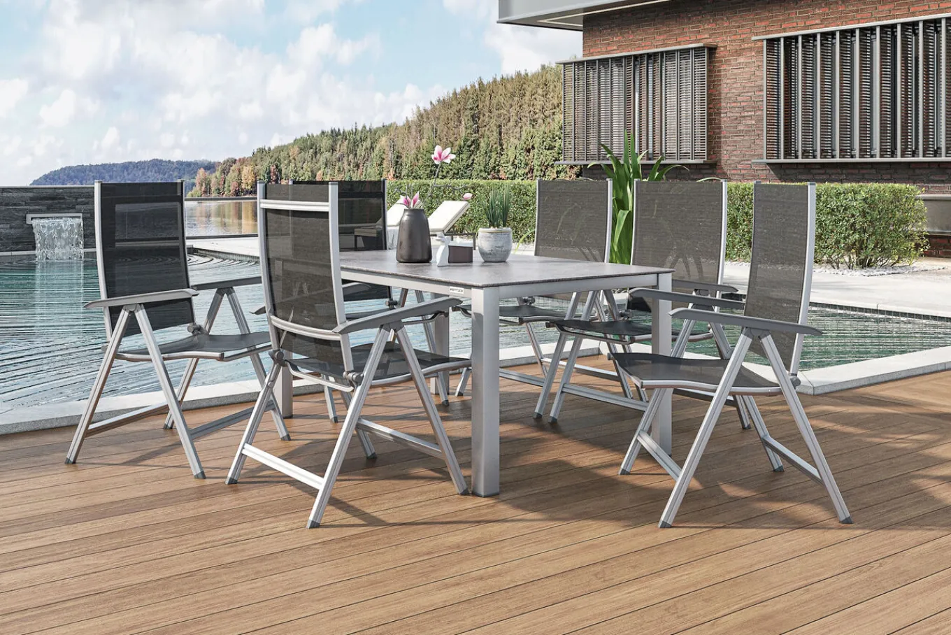Clearance Cubic/Basic Plus Garten-Essgruppe, silber/anthrazit, Alu/Textilene, Tisch 160 x 90 cm, 6 Klappstühle Garten-Essgruppen