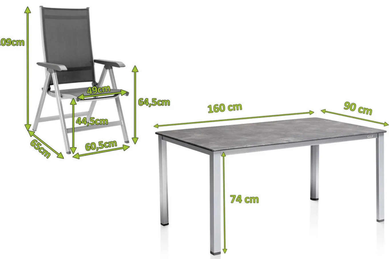 Clearance Cubic/Basic Plus Garten-Essgruppe, silber/anthrazit, Alu/Textilene, Tisch 160 x 90 cm, 6 Klappstühle Garten-Essgruppen