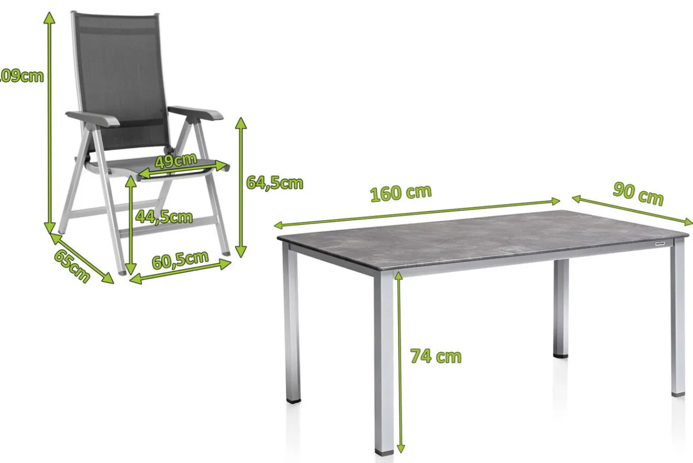 Clearance Cubic/Basic Plus Garten-Essgruppe, silber/anthrazit, Alu/Textilene, Tisch 160 x 90 cm, 6 Klappstühle Garten-Essgruppen