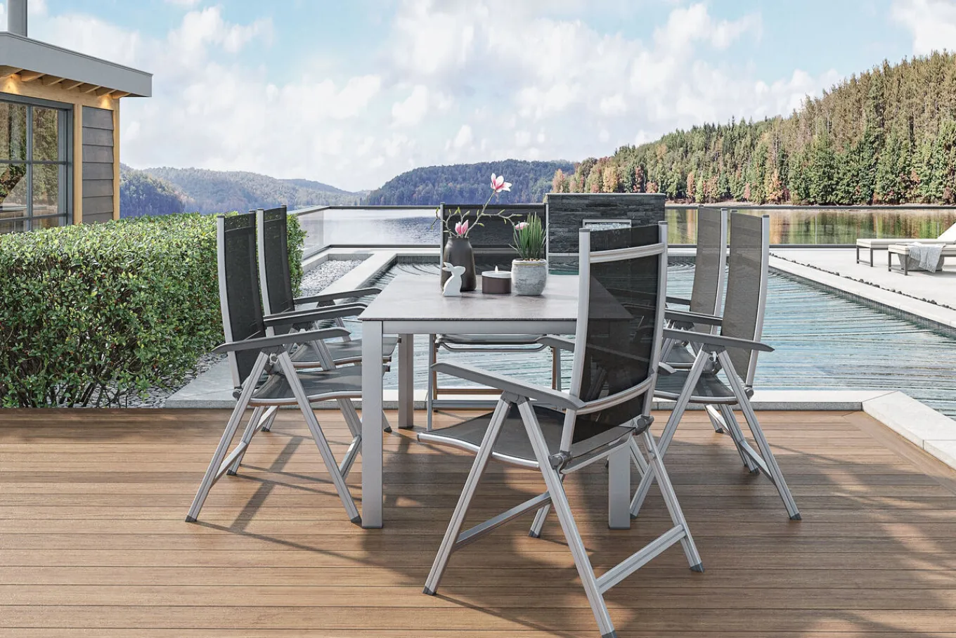 Clearance Cubic/Basic Plus Garten-Essgruppe, silber/anthrazit, Alu/Textilene, Tisch 160 x 90 cm, 6 Klappstühle Garten-Essgruppen