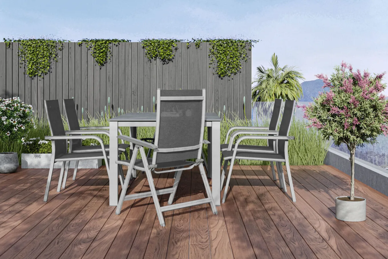 Sale Cubic/Basic Plus Garten-Essgruppe, silber/anthrazit, Alu/Textilene, Tisch 160 x 90 cm, 4 Stapelsessel, 2 Klappstühle Garten-Essgruppen