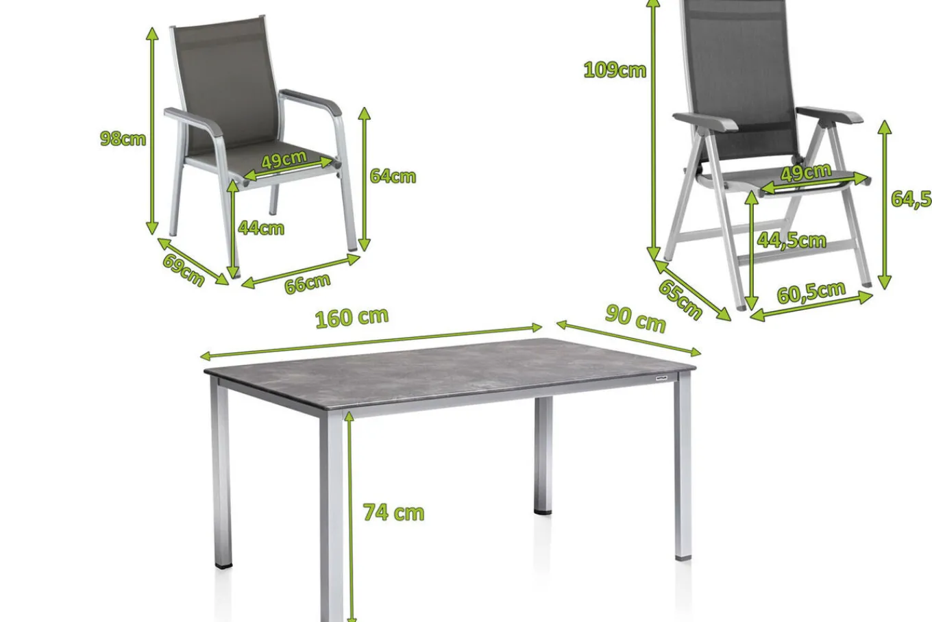 Sale Cubic/Basic Plus Garten-Essgruppe, silber/anthrazit, Alu/Textilene, Tisch 160 x 90 cm, 4 Stapelsessel, 2 Klappstühle Garten-Essgruppen