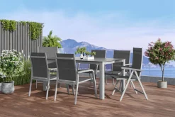 Sale Cubic/Basic Plus Garten-Essgruppe, silber/anthrazit, Alu/Textilene, Tisch 160 x 90 cm, 4 Stapelsessel, 2 Klappstühle Garten-Essgruppen