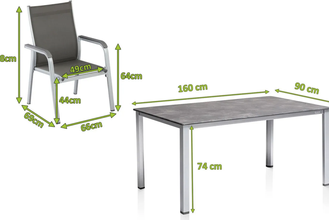 Online Cubic/Basic Plus Garten-Essgruppe, silber/anthrazit, Alu/Textilene, Tisch 160x90 cm, 4 Stapelsessel Garten-Essgruppen