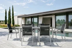 New Cubic/Basic Plus Garten-Essgruppe, silber/anthrazit, Alu/Textilene, Tisch 160x90 cm, 6 Stapelsessel Garten-Essgruppen