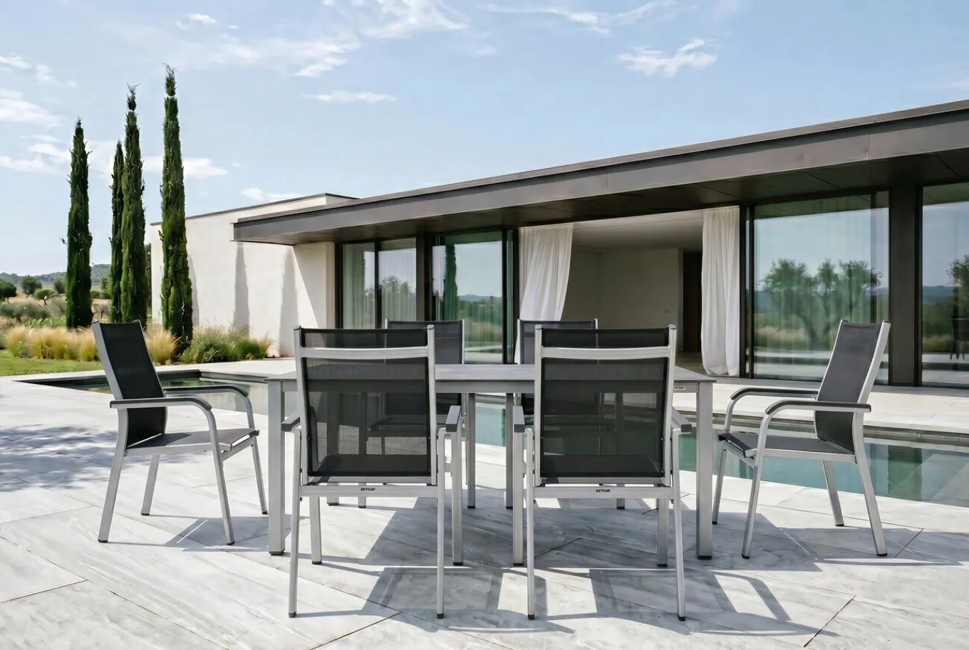 New Cubic/Basic Plus Garten-Essgruppe, silber/anthrazit, Alu/Textilene, Tisch 160x90 cm, 6 Stapelsessel Garten-Essgruppen