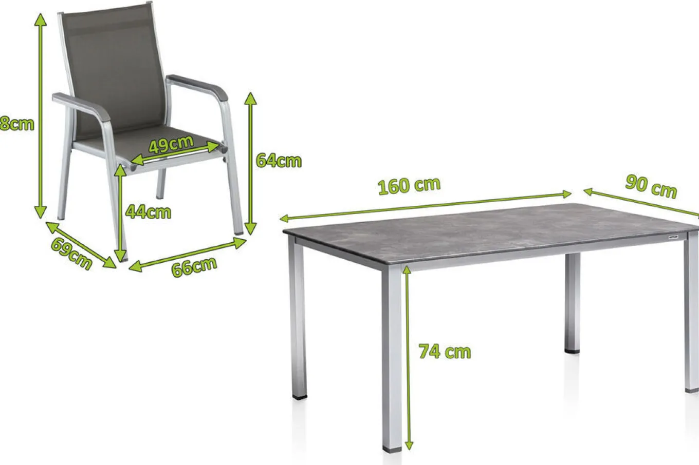 New Cubic/Basic Plus Garten-Essgruppe, silber/anthrazit, Alu/Textilene, Tisch 160x90 cm, 6 Stapelsessel Garten-Essgruppen