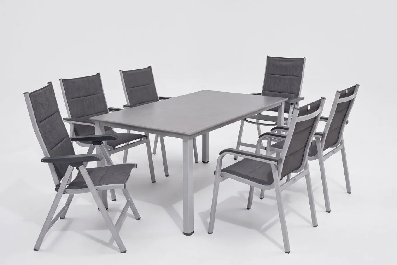 Hot Cubic/ Basic Plus Padded Garten-Essgruppe, silber/anthrazit, Alu/Textilene, Tisch 160x90 cm, 4 Stapelsessel, 2 Klappstühle, gepolstert Aluminium-Gartenmöbel