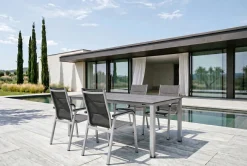 Discount Cubic/ Basic Plus Padded Garten-Essgruppe, silber/anthrazit, Alu/Textilene, Tisch 160x90 cm, 4 Stapelsessel Garten-Essgruppen