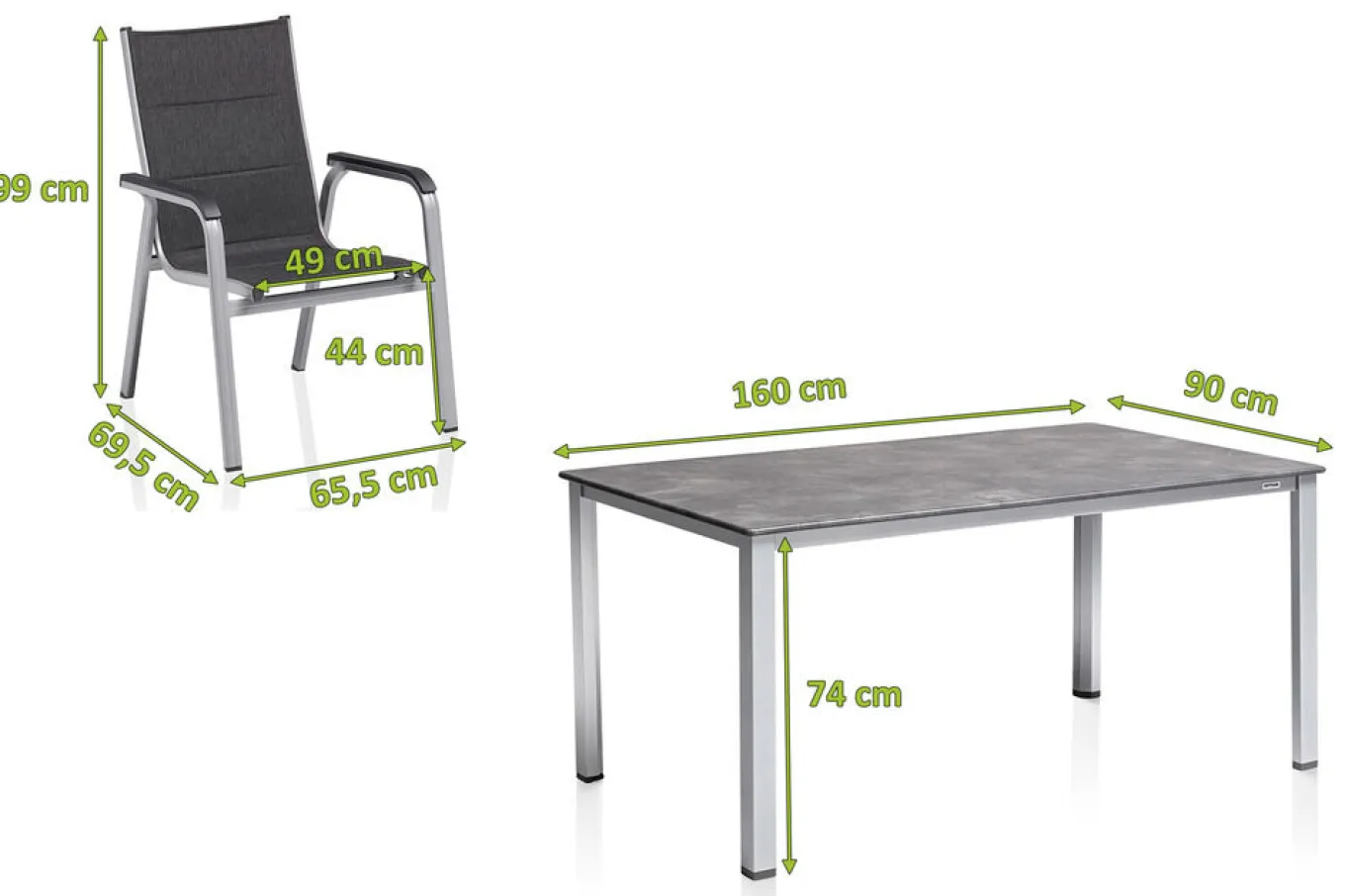 Best Cubic/ Basic Plus Padded Garten-Essgruppe, silber/anthrazit, Alu/Textilene, Tisch 160x90 cm, 6 Stapelsessel Garten-Essgruppen