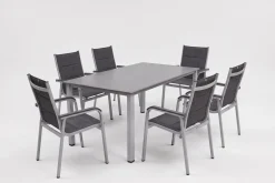 Best Cubic/ Basic Plus Padded Garten-Essgruppe, silber/anthrazit, Alu/Textilene, Tisch 160x90 cm, 6 Stapelsessel Garten-Essgruppen