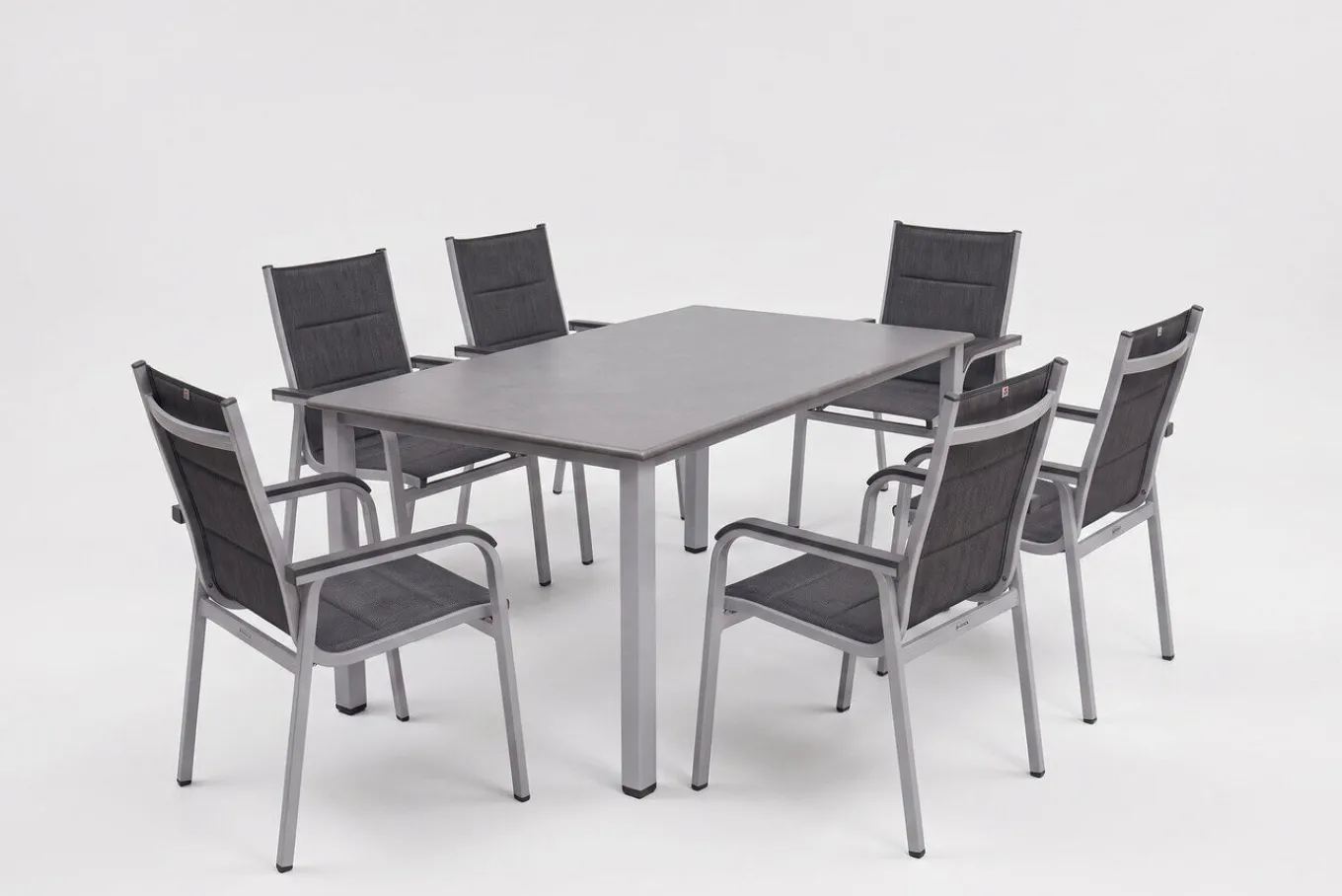 Best Cubic/ Basic Plus Padded Garten-Essgruppe, silber/anthrazit, Alu/Textilene, Tisch 160x90 cm, 6 Stapelsessel Garten-Essgruppen