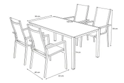 Clearance Cubic Garten-Essgruppe, silber/anthrazit/grau, Alu/Textilene, Tisch 160x90 cm, 4 Stapelsessel Garten-Essgruppen