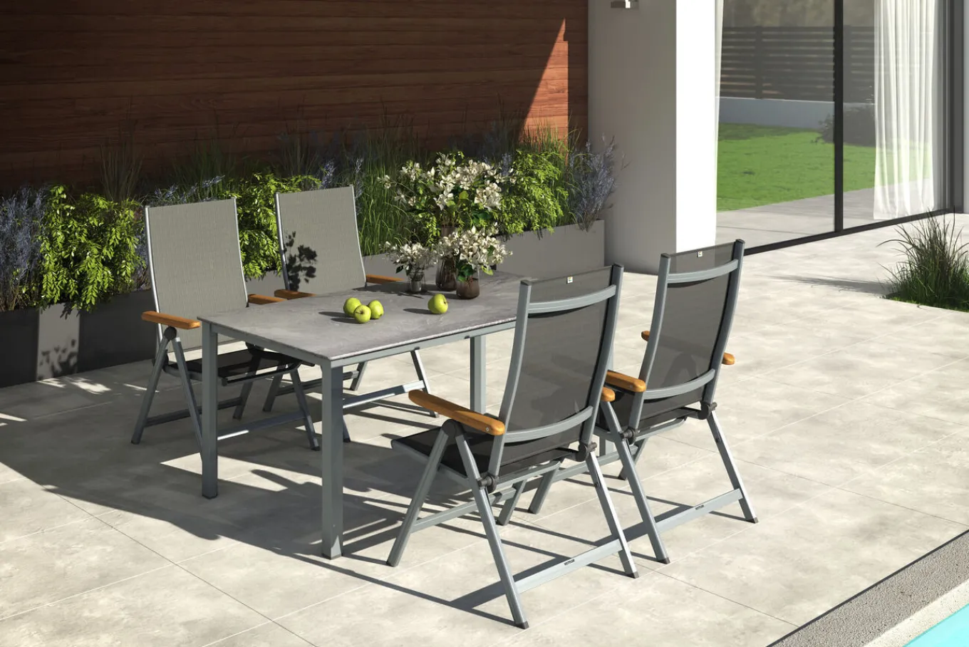 Hot Cubic Garten-Essgruppe, silber/anthrazit, Alu, Tisch 160x90, 4 Klappstühle Garten-Essgruppen|Aluminium-Gartenmöbel