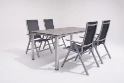 New Cubic Garten-Essgruppe, silber/anthrazit/grau, Alu/Textilene, Tisch 160 x 90 cm, 4 Klappstühle Garten-Essgruppen