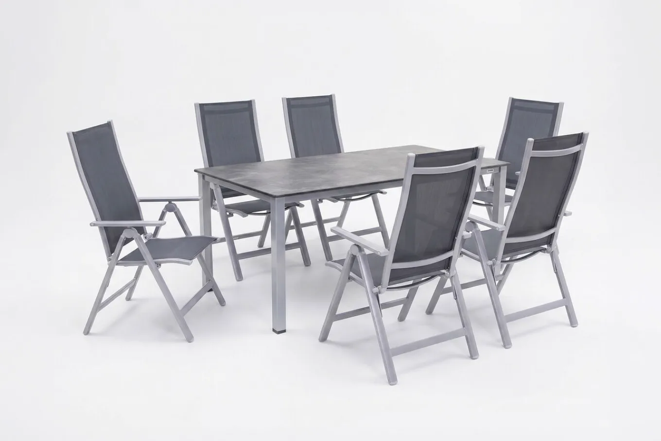 Discount Cubic Garten-Essgruppe, silber/anthrazit/grau, Alu/Textilene, Tisch 160 x 90 cm, 6 Klappstühle Garten-Essgruppen