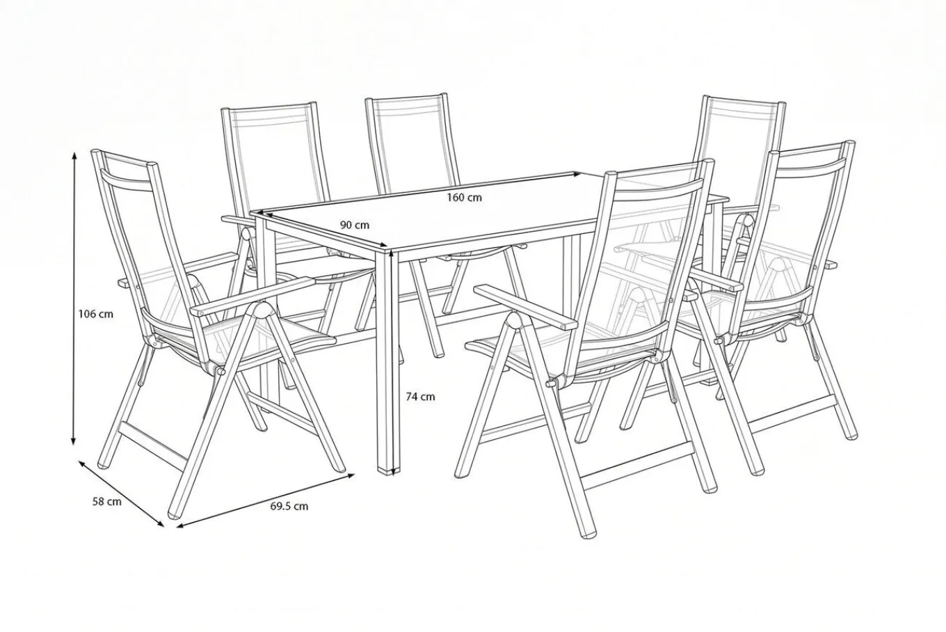 Discount Cubic Garten-Essgruppe, silber/anthrazit/grau, Alu/Textilene, Tisch 160 x 90 cm, 6 Klappstühle Garten-Essgruppen