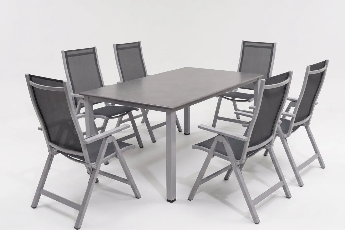Discount Cubic Garten-Essgruppe, silber/anthrazit/grau, Alu/Textilene, Tisch 160 x 90 cm, 6 Klappstühle Garten-Essgruppen