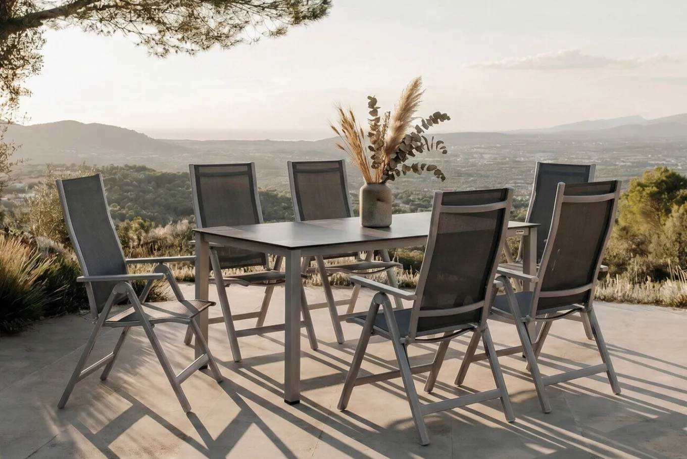 Discount Cubic Garten-Essgruppe, silber/anthrazit/grau, Alu/Textilene, Tisch 160 x 90 cm, 6 Klappstühle Garten-Essgruppen