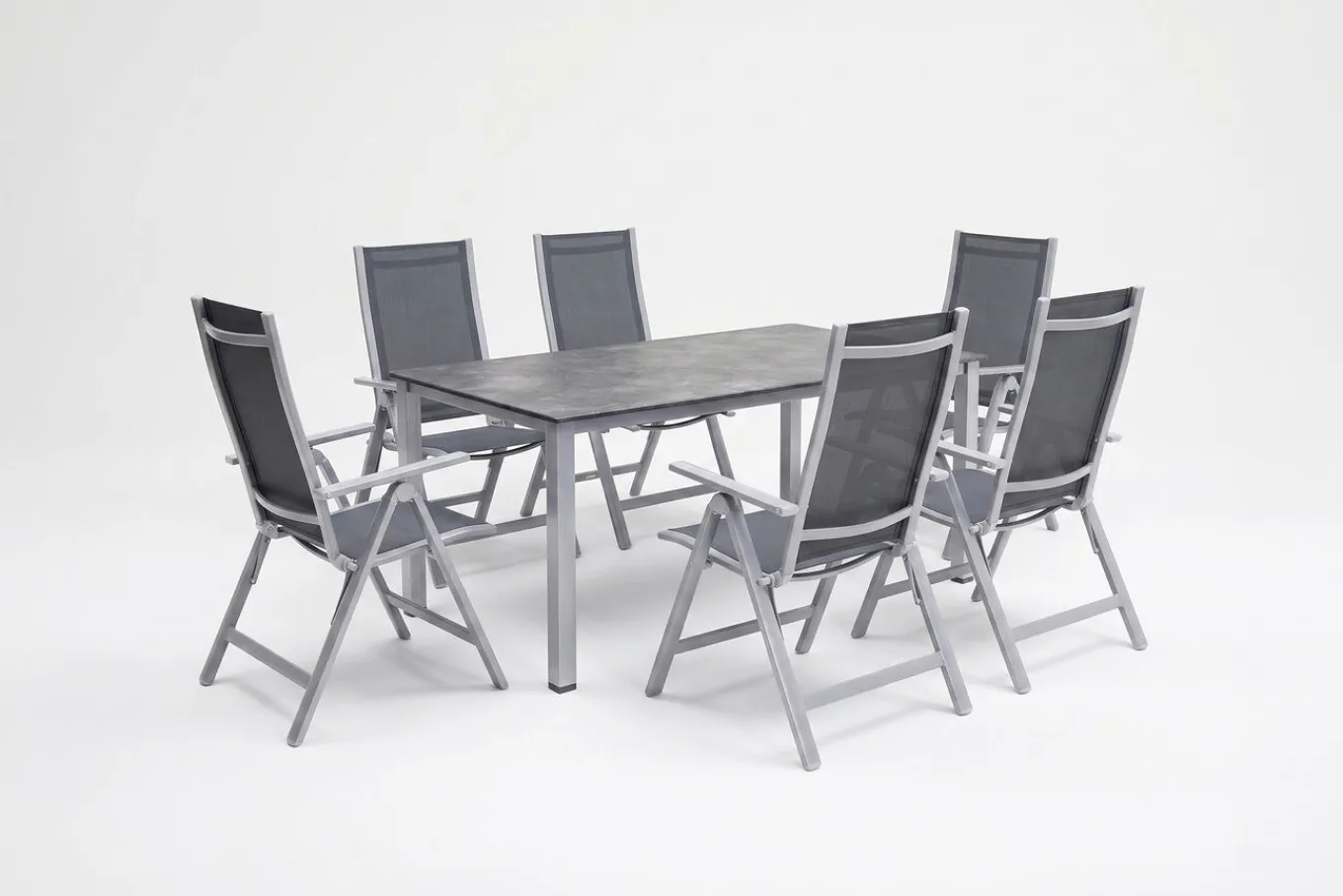 Discount Cubic Garten-Essgruppe, silber/anthrazit/grau, Alu/Textilene, Tisch 160 x 90 cm, 6 Klappstühle Garten-Essgruppen