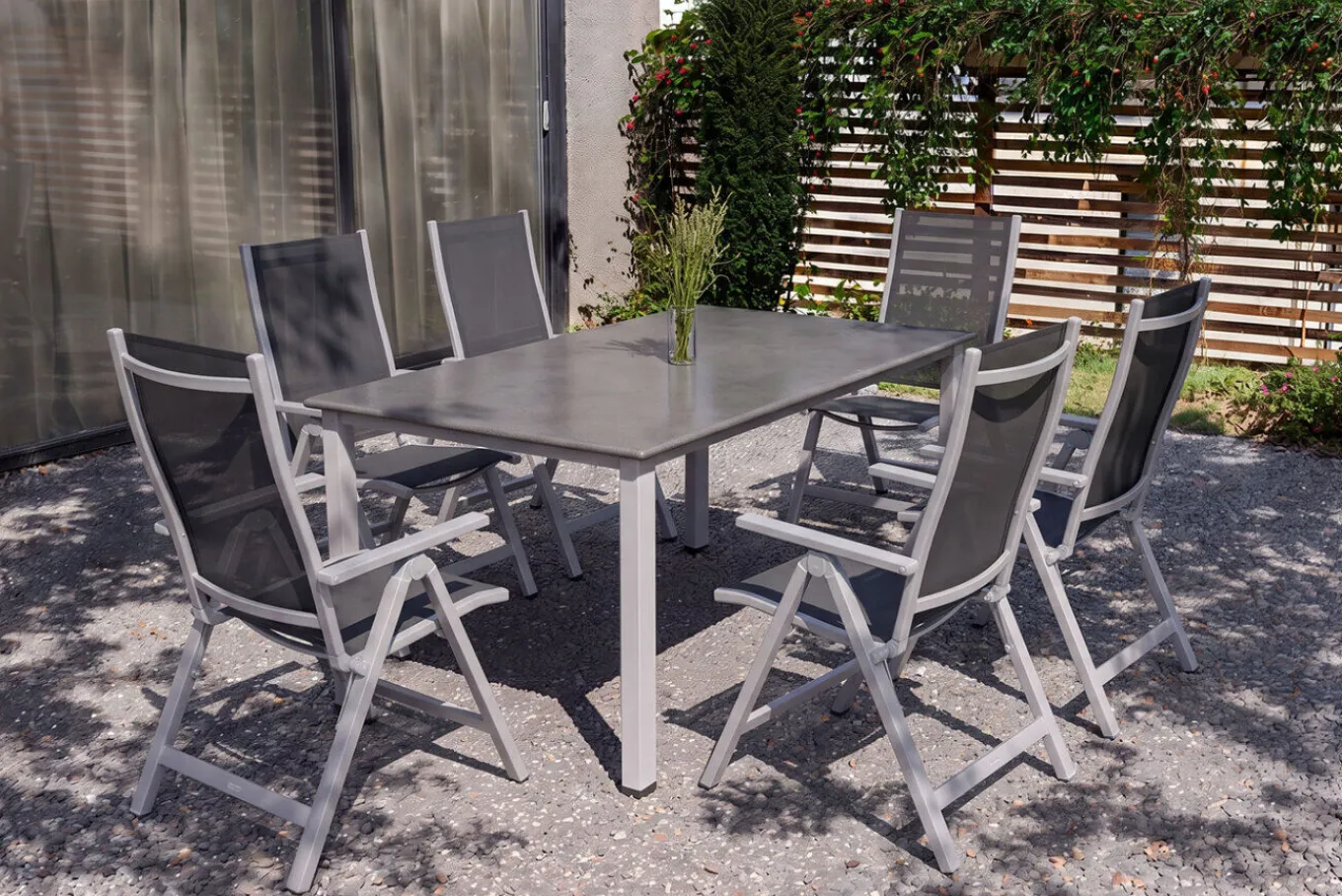 Discount Cubic Garten-Essgruppe, silber/anthrazit/grau, Alu/Textilene, Tisch 160 x 90 cm, 6 Klappstühle Garten-Essgruppen