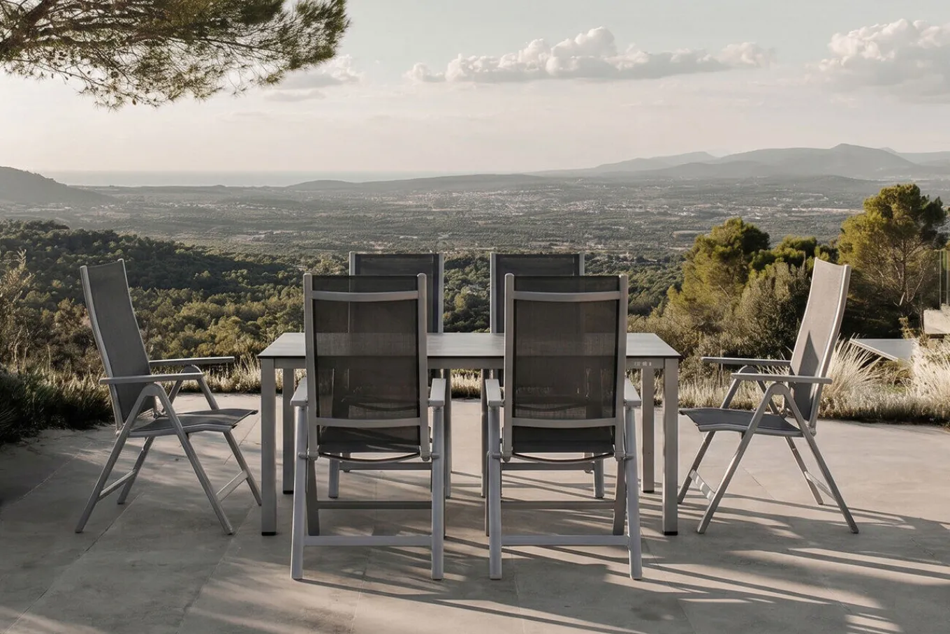 Discount Cubic Garten-Essgruppe, silber/anthrazit/grau, Alu/Textilene, Tisch 160 x 90 cm, 6 Klappstühle Garten-Essgruppen