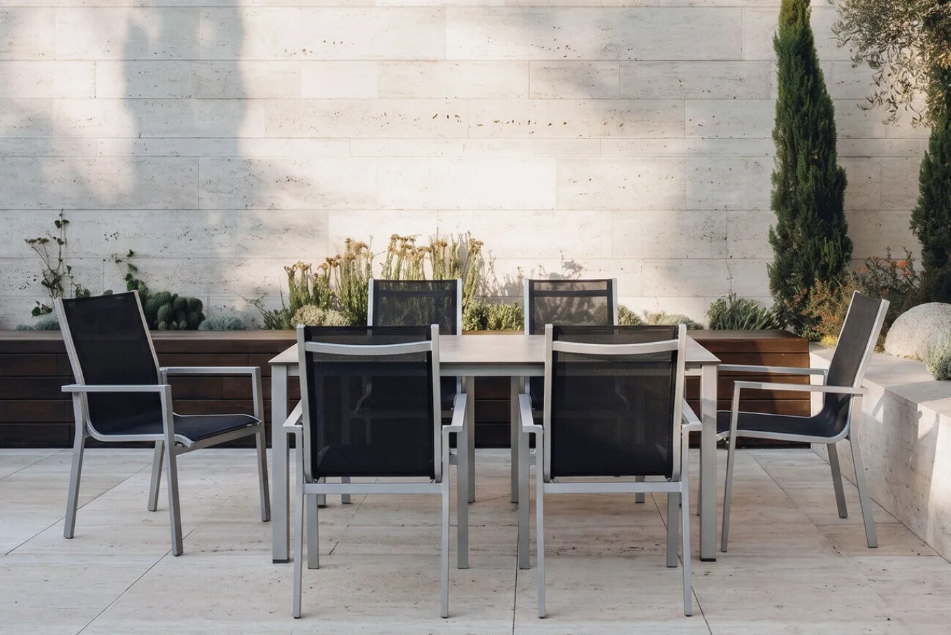 Sale Cubic Garten-Essgruppe, silber/anthrazit/grau, Alu/Textilene, Tisch 160x90 cm, 6 Stapelsessel Garten-Essgruppen